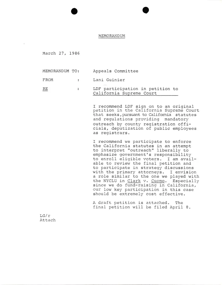 Memorandum from Lani Guinier to Appeals Committee Re LDF Participation in Petition to California Supreme Court preview