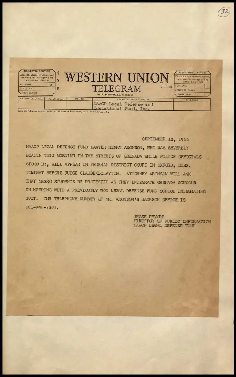 Grenada, Mississippi School Integration Suit (Telegram) preview
