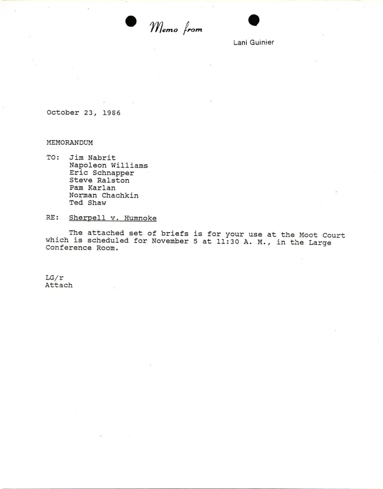 Memorandum from Lani Guinier to Nabrit, Williams, Schnapper, Ralston, Karlan, Chachkin, and Shaw Re Sherpell v. Humnoke preview
