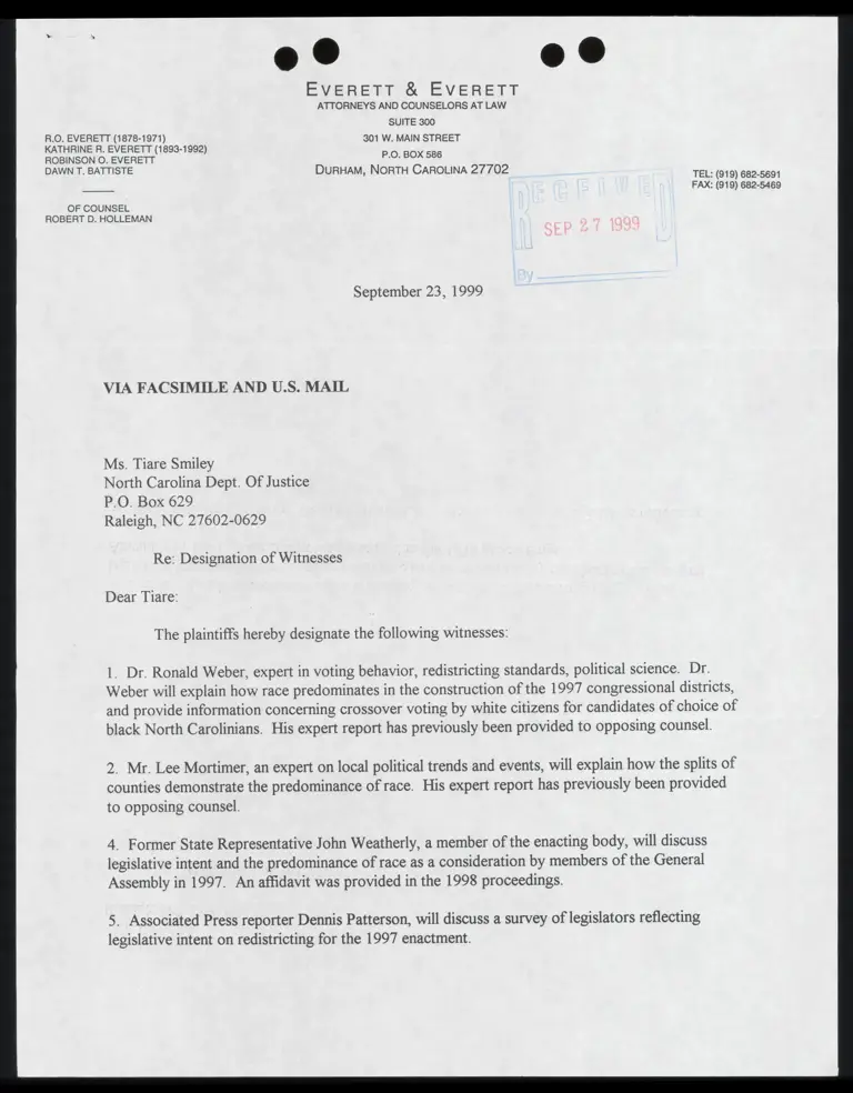Letter from Everett to Smiley RE: Plaintiffs’ designation of witnesses preview