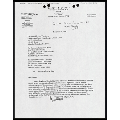 Fax from Everett RE: Final draft of letter to three judge panel concerning the filing of the initial pretrial order preview