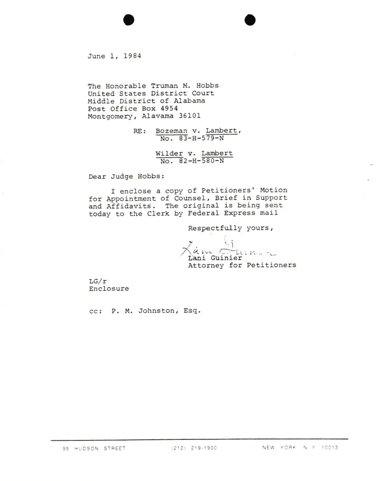 Letter from Lani Guinier to Hon. Judge Truman M. Hobbs preview