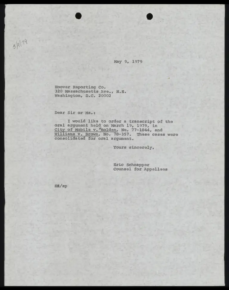 Correspondence from Schapper to Hoover Reporting Co. preview
