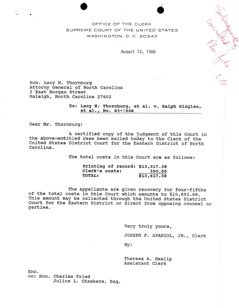 Correspondence from Spaniol to Thornburg; Supreme Court of the United States Court Order preview