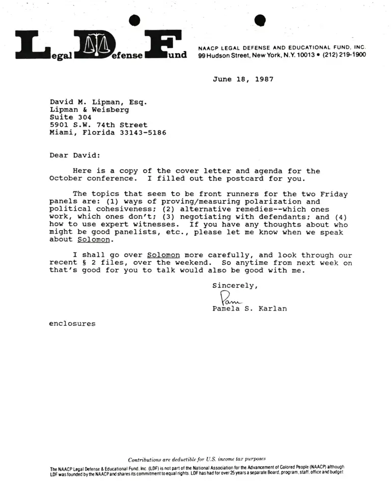 Correspondence from Pamela Karlan to David M. Lipman preview