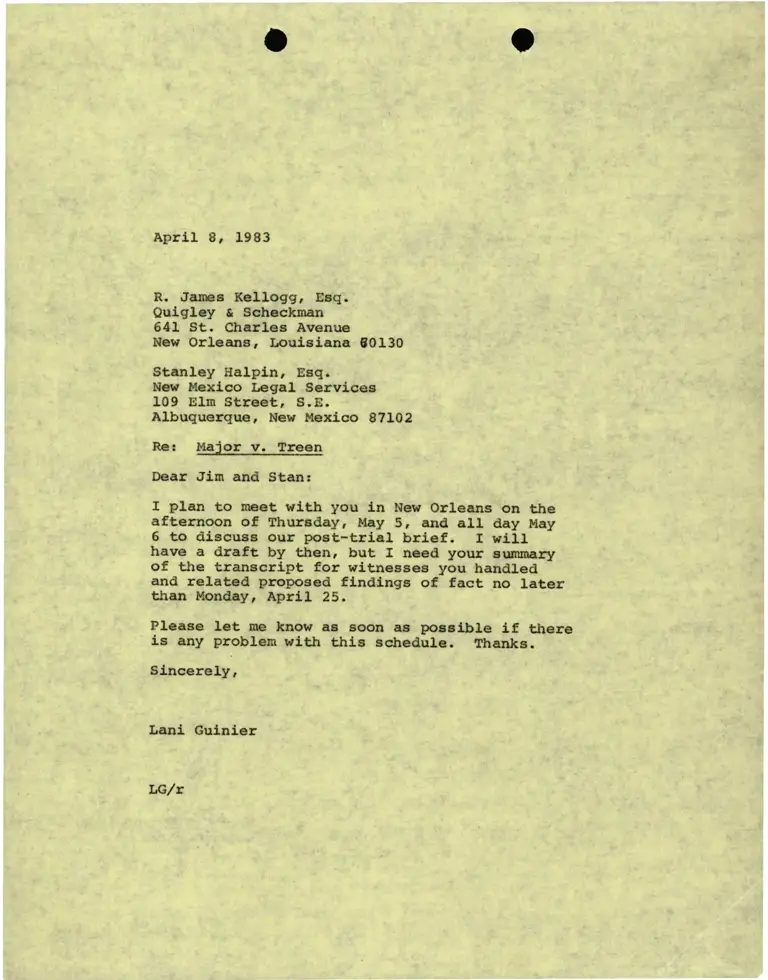 Correspondence from Lani Guinier to R. James Kellogg Re: Major v. Treen preview