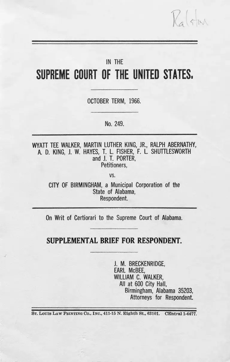 Walker v. City of Birmingham Supplemental Brief for Respondent preview