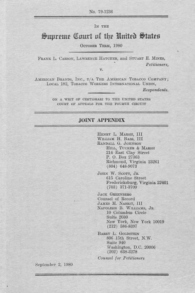 Carson v. American Brands, Inc. Joint Appendix preview