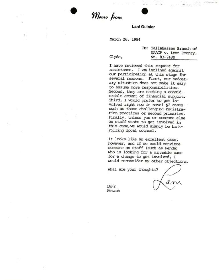 Memo from Lani Guinier to Clyde RE: Tallahassee Branch of NAACP v. Leon County preview