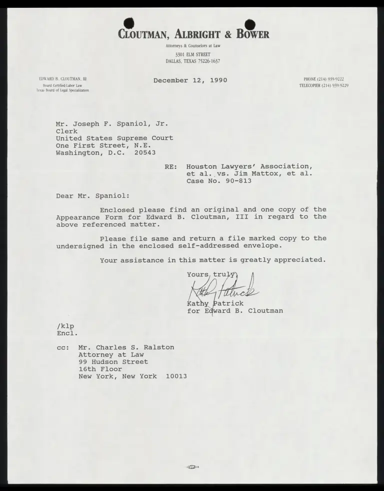 Correspondence from Cloutman to Clerk Re: Appearance Form for Edward B. Cloutman preview