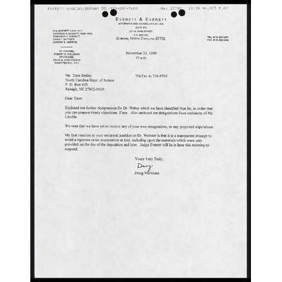 Fax from Markham to Smiley RE Weber and Linville designations preview