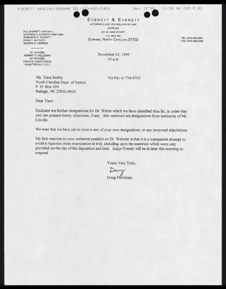 Fax from Markham to Smiley RE Weber and Linville designations preview