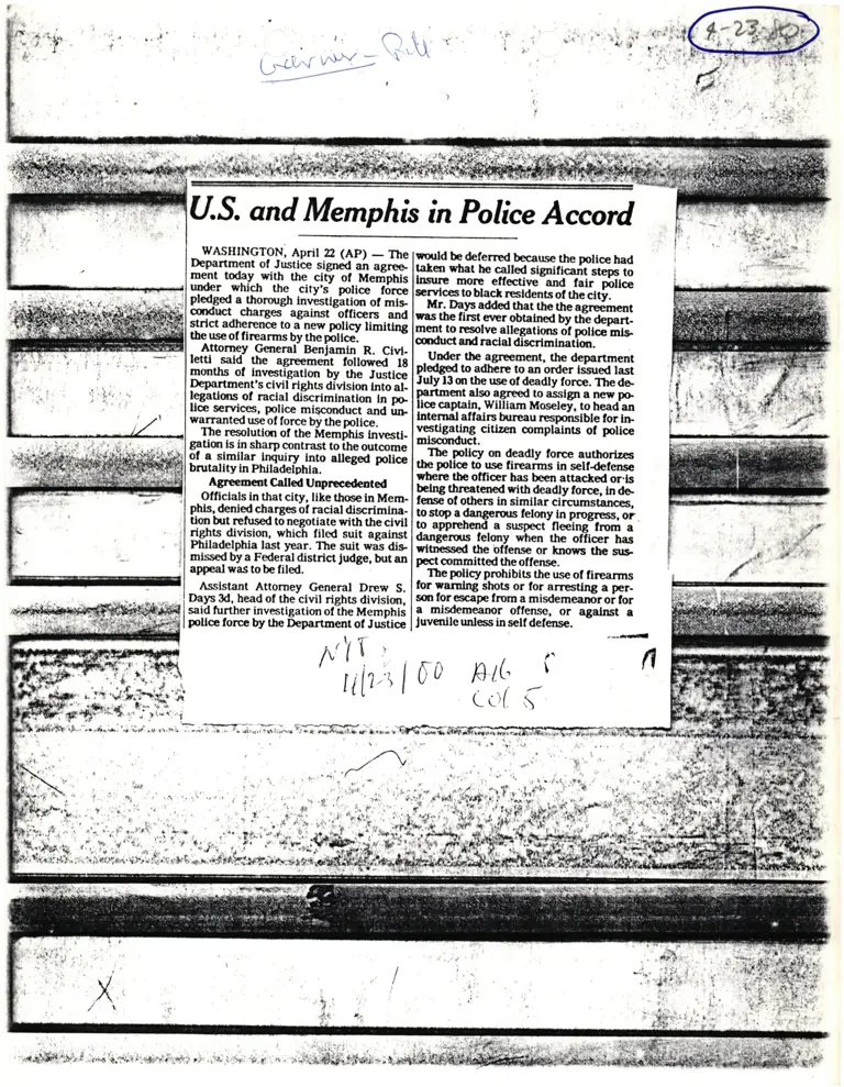 U.S. and Memphis in Police Accord News Clipping preview