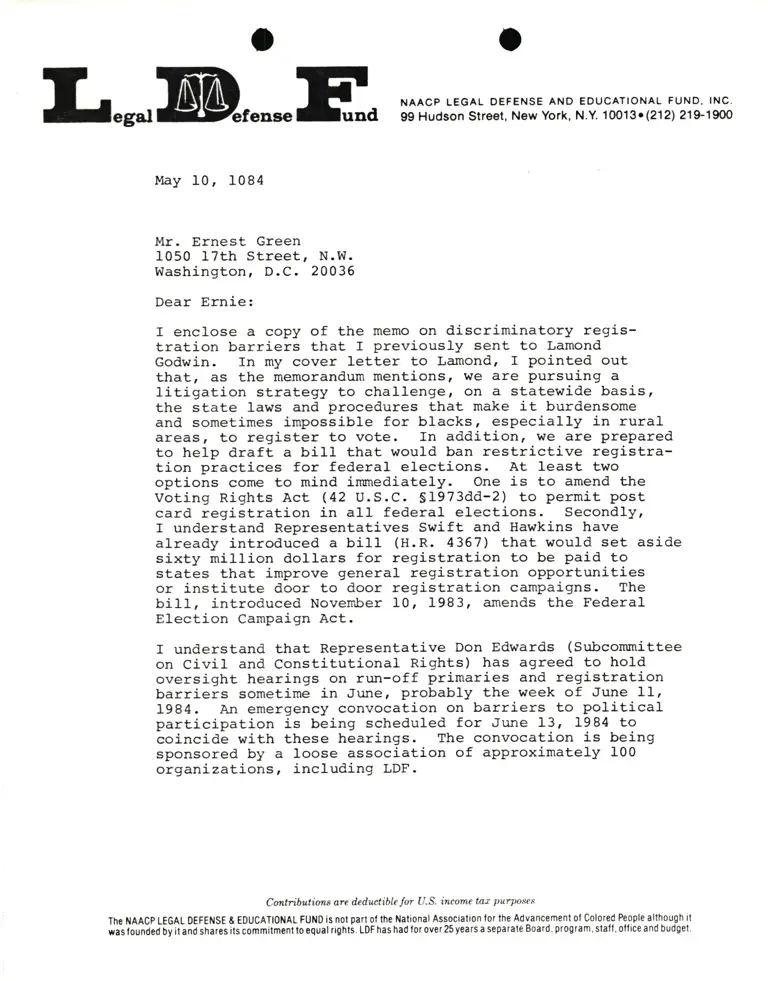 Letter from Lani Guinier to Ernest Green RE: Memo on discriminatory registration barriers preview