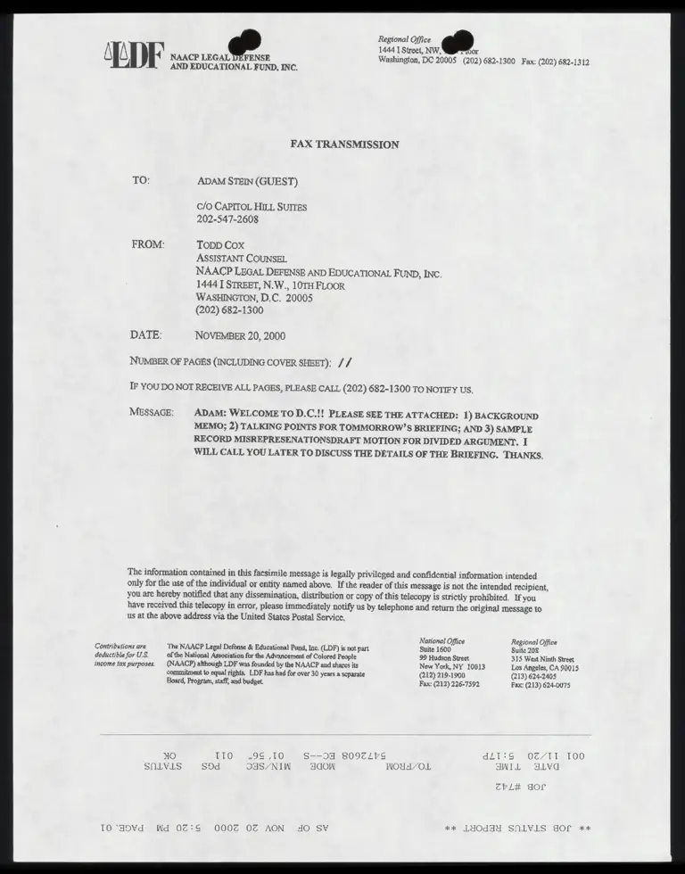 Correspondence from Cox to Stein Re: Memo from Cox to Jones, Press Briefing Talking Points, Sample Record Misrepresentations preview