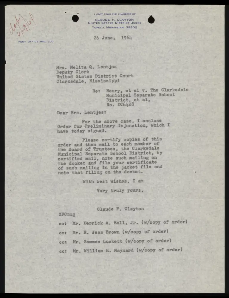 Correspondence from Judge Clayton to Clerk Re: Order for Preliminary Injunction preview