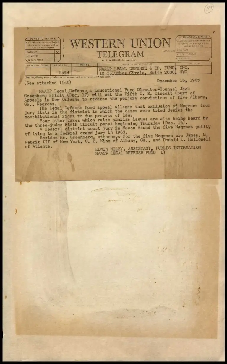 Telegram re: LDF's Appeal in New Orleans to Reverse Convictions of 5 Albany Negroes preview