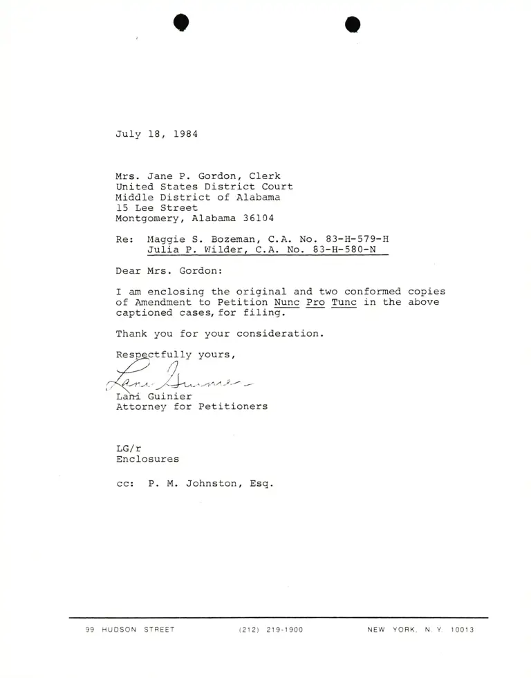 Letter from Lani Guinier to Jane P. Gordon (Clerk) RE: Maggie S. Bozeman and Julia P. Wilder Amendment to Petition Nunc Pro Tunc preview