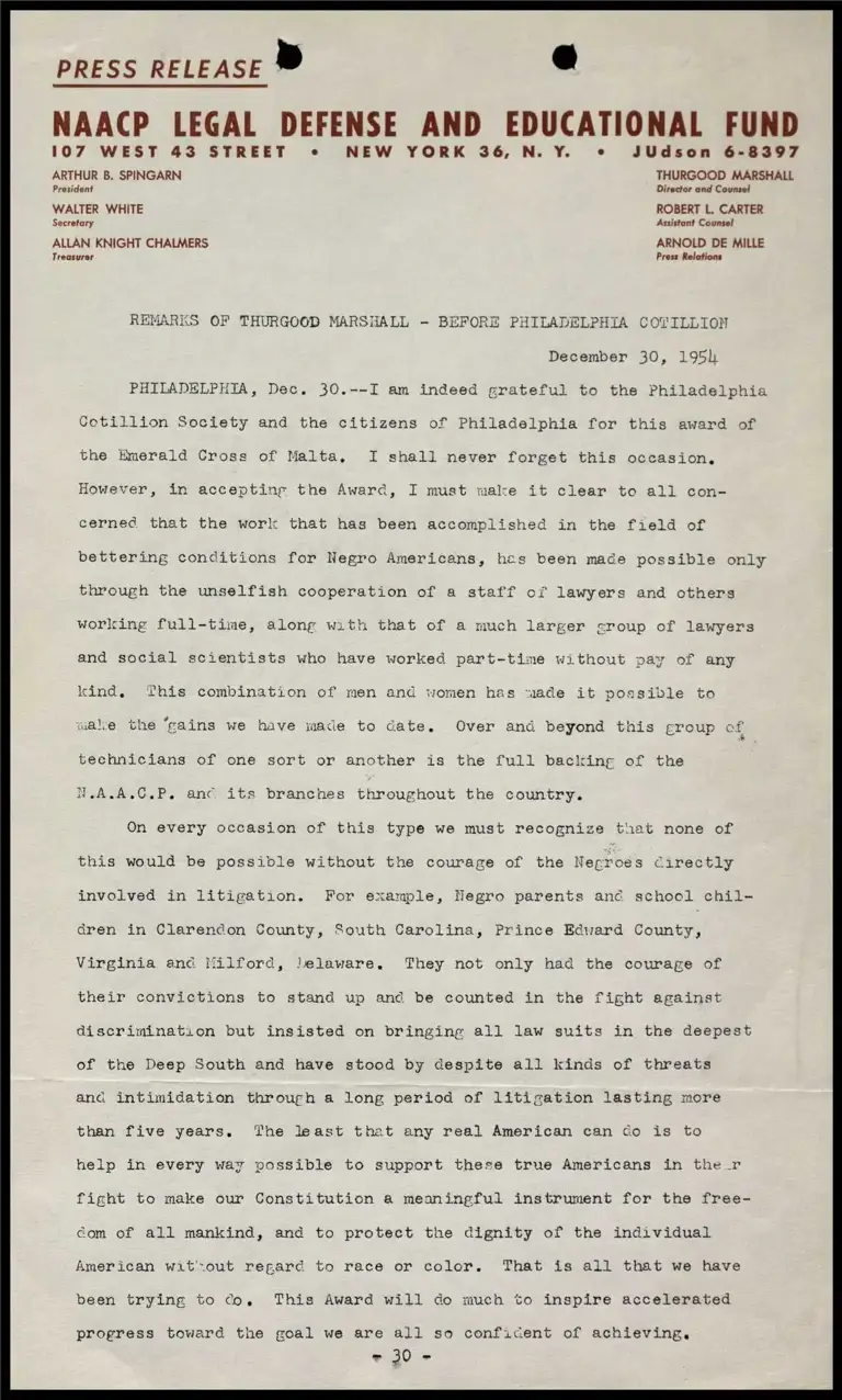 Remarks of Thurgood Marshall - Before Philadelphia Cotillion preview