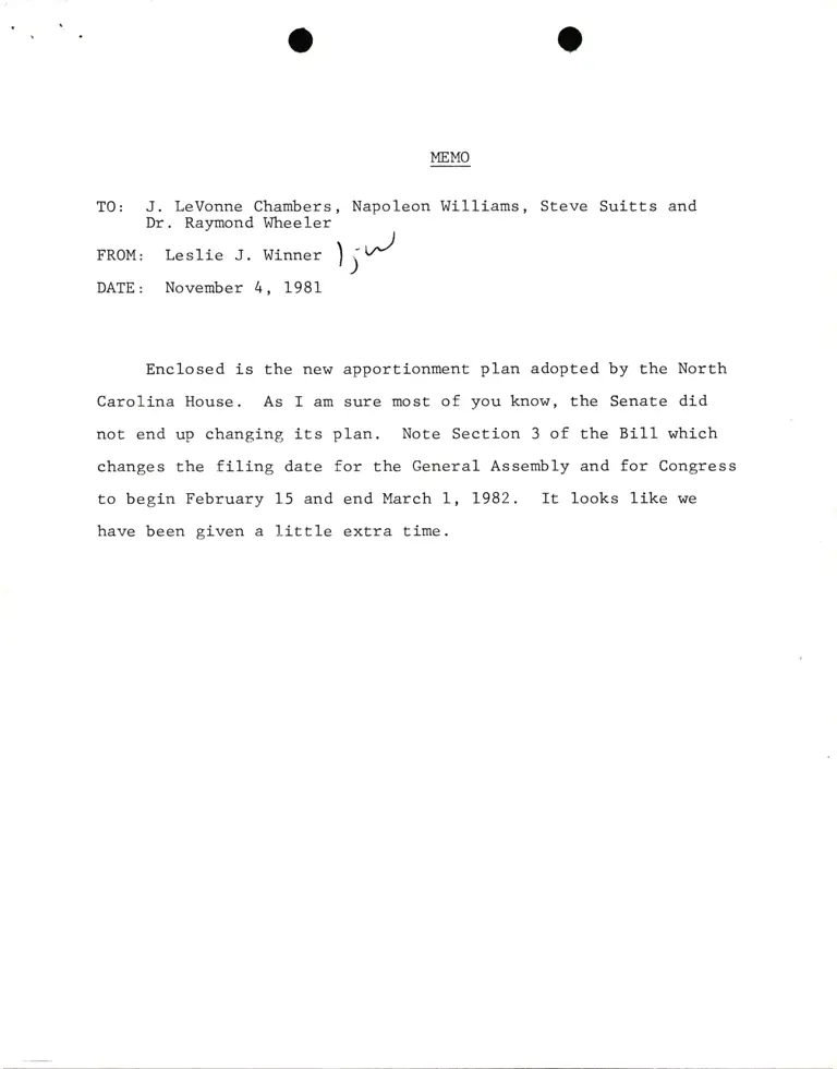 Memorandum from Winner to Chambers; General Assembly of North Carolina Bill 1428 preview