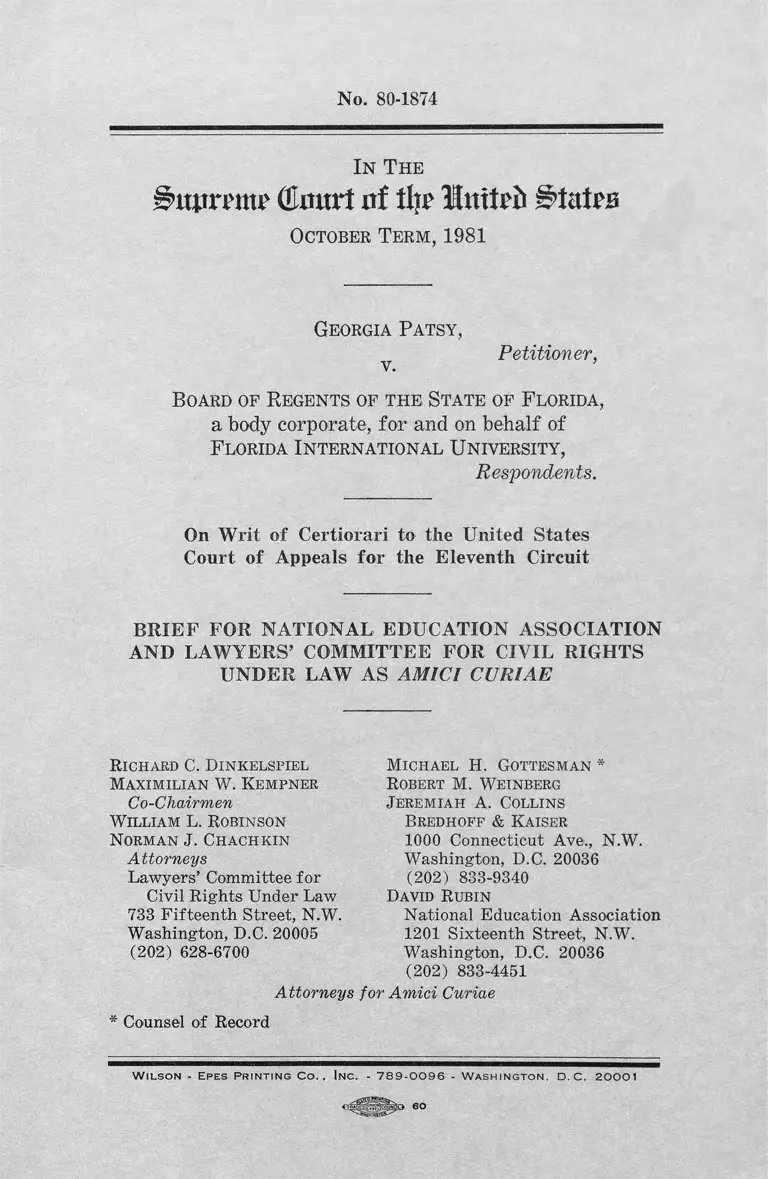 Patsy v. Florida Board of Regents Brief Amici Curiae preview