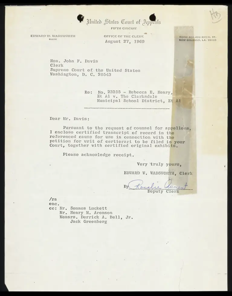 Correspondence from Clerk Wadsworth to Clerk Davis Re: Transcript of Record preview