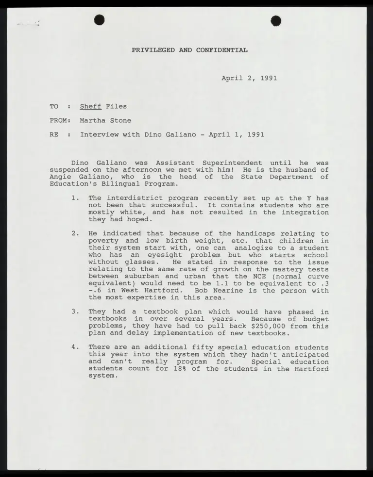 Memo from Stone to File Re: Interview with Dino Galiano; Interview with Antres Buford preview
