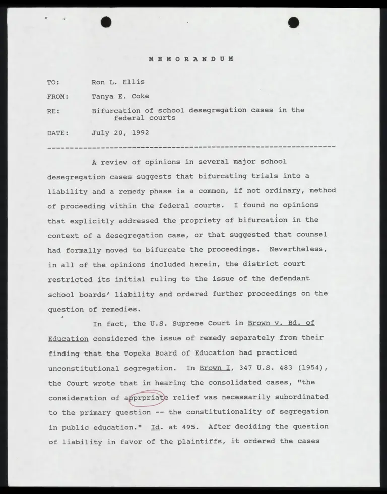 Memoranda from Coke to Ellis Re: Bifurcation of Desegregation Cases in the Federal Courts; Attorney Notes preview