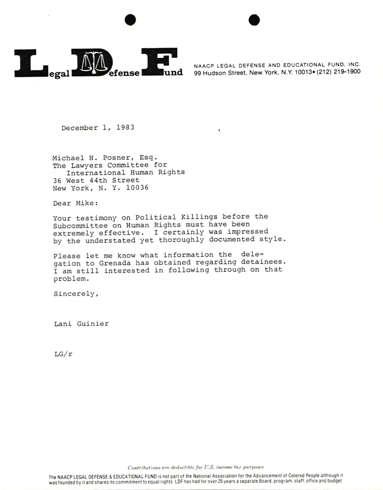 Correspondence from Lani Guinier to Michael H. Posner (The Lawyers Committee for International Human Rights) preview