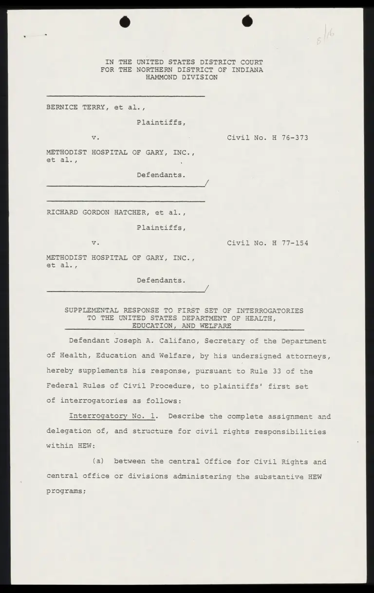 Supplemental Response to First Set of Interrogatories to the US Department of Health, Education, and Welfare preview