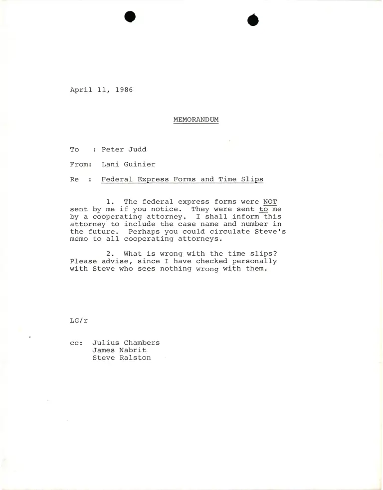 Memorandum from Lani Guinier to Peter Judd Re Federal Express Forms and Time Slips preview