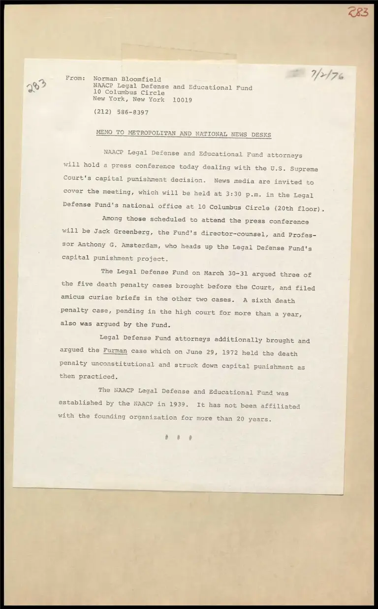 Memorandum on Press Conference on Furman Capital Punishment Decision preview