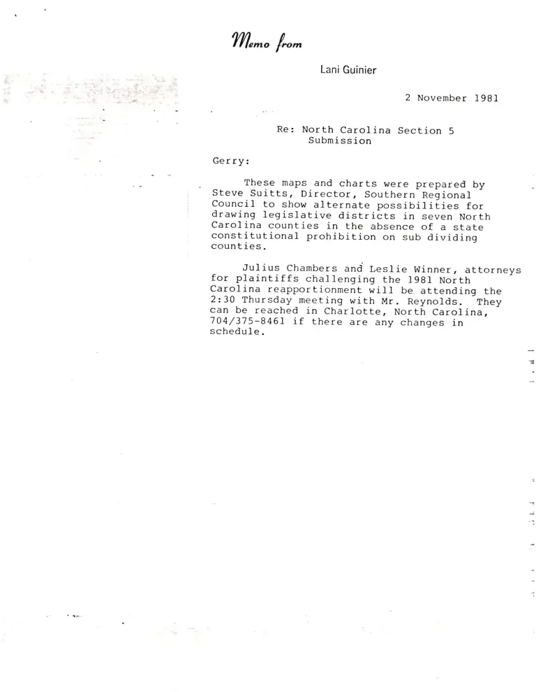 Memorandum from Guinier to Gerry; Maps and Statistics on Proposed Single Member Districts preview