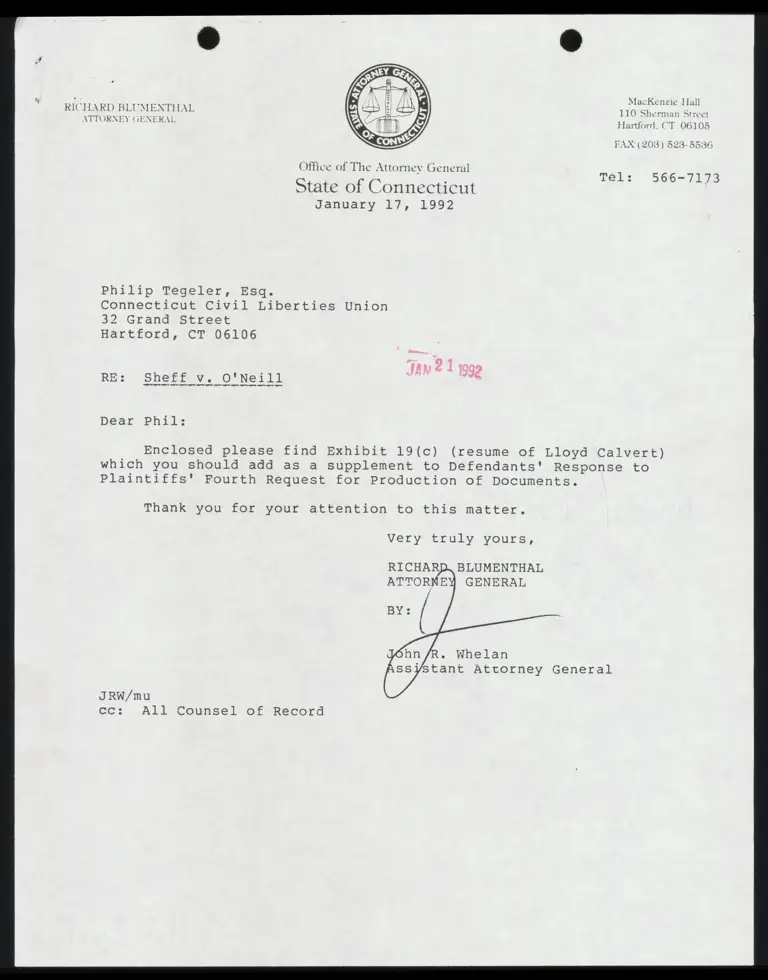 Correspondence from Whelan to Tegeler with Lloyd Calvert CV preview