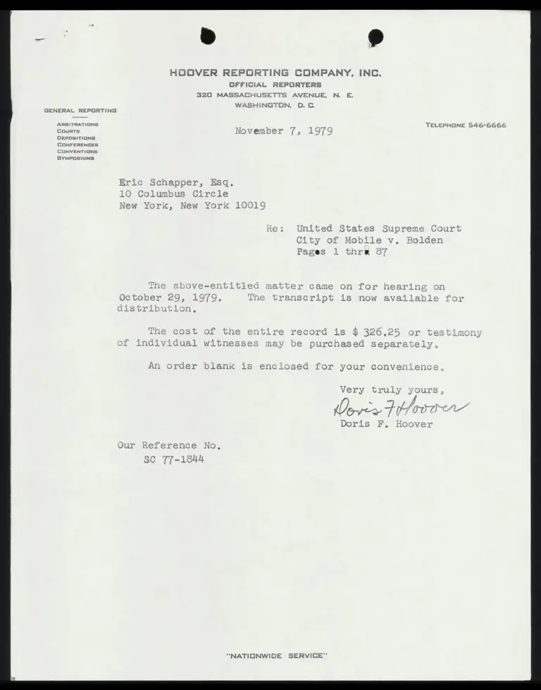 Bill; Order Blank for Transcript from Hoover Reporting preview