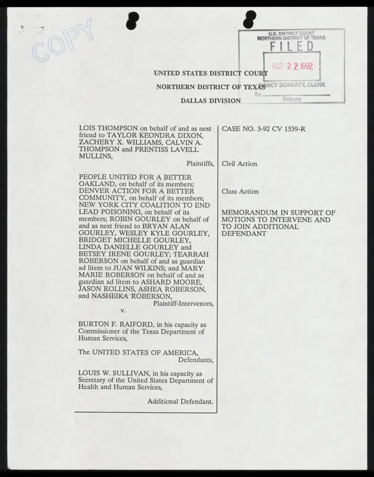 Memo in Support of Motion to Intervene and to Join Additional Defendant with Certificate of Service and Conference preview