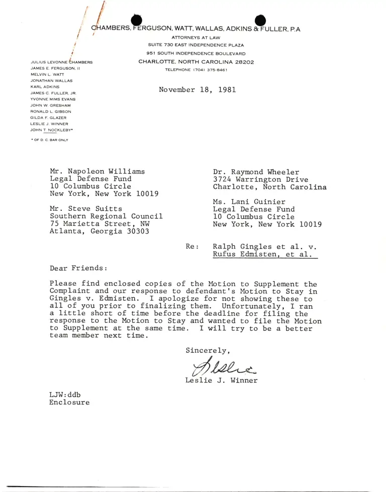 Correspondence from Winner to Williams, et. al., Memo in Support of Plaintiff’s Motion to Supplement Complaint; Motion to Supplement Complaint; Supplement to Complaint; General Assembly of North Carolina Bill 1428 preview