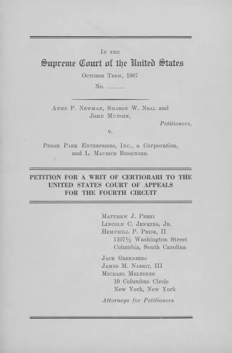 Newman v. Piggie Park Enterprises Petition for a Writ of Certiorari to the US Court of Appeals for the Fourth Circuit preview