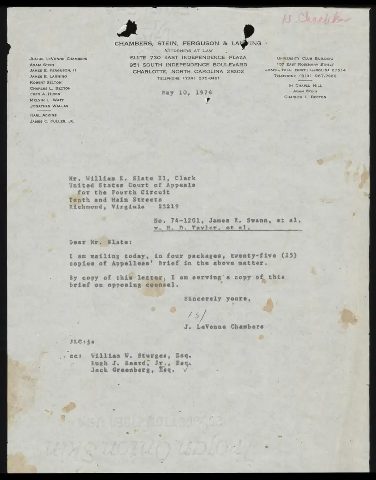 Correspondence from Chambers to Clerk Re: Appellees' Brief preview
