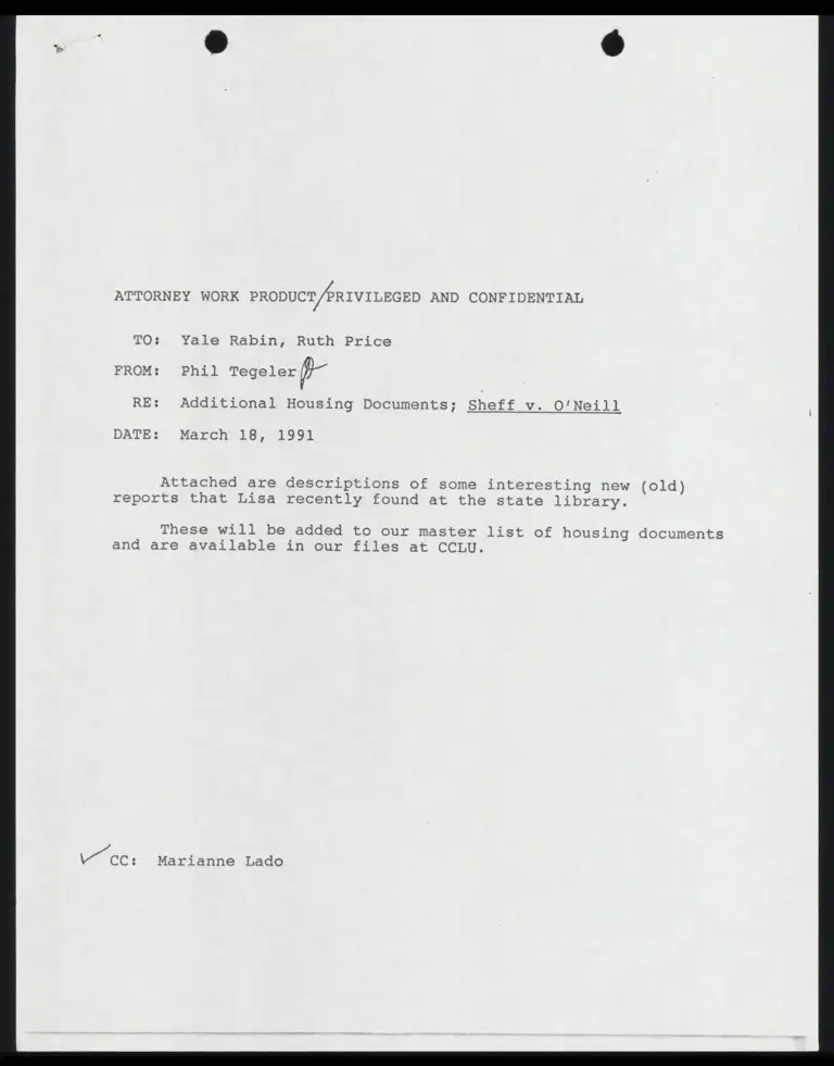 Correspondence from Tegeler to Rabin and Price Re: Additional Housing Documents preview