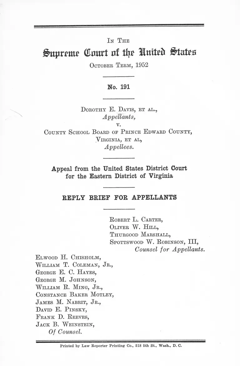 Davis v. Prince Edward County, VA School Board Reply Brief for Appellants preview