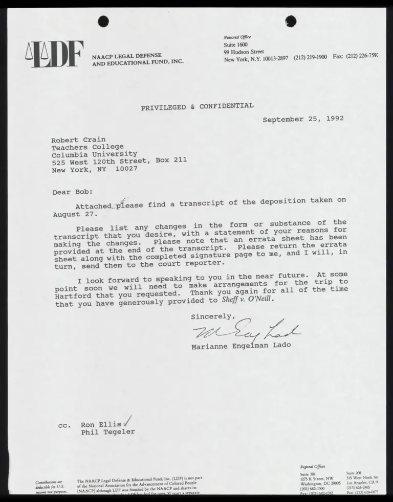 Correspondence from Lado to Crain; from Lado to Braddock; from Lado to Trent; Natriello to Hershkoff (Redacted) preview