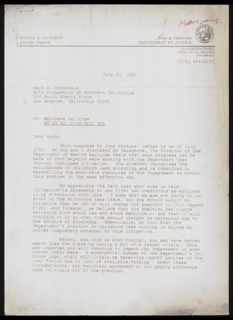 Correspondence from Van Wye to Rosenbaum preview