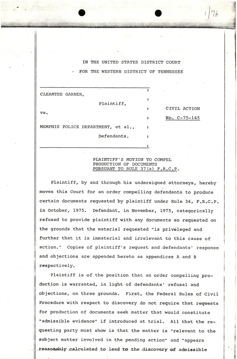 Plaintiff's Motion to Compel Production of Documents; First Request for Documents; Defendant's Response and Objection preview