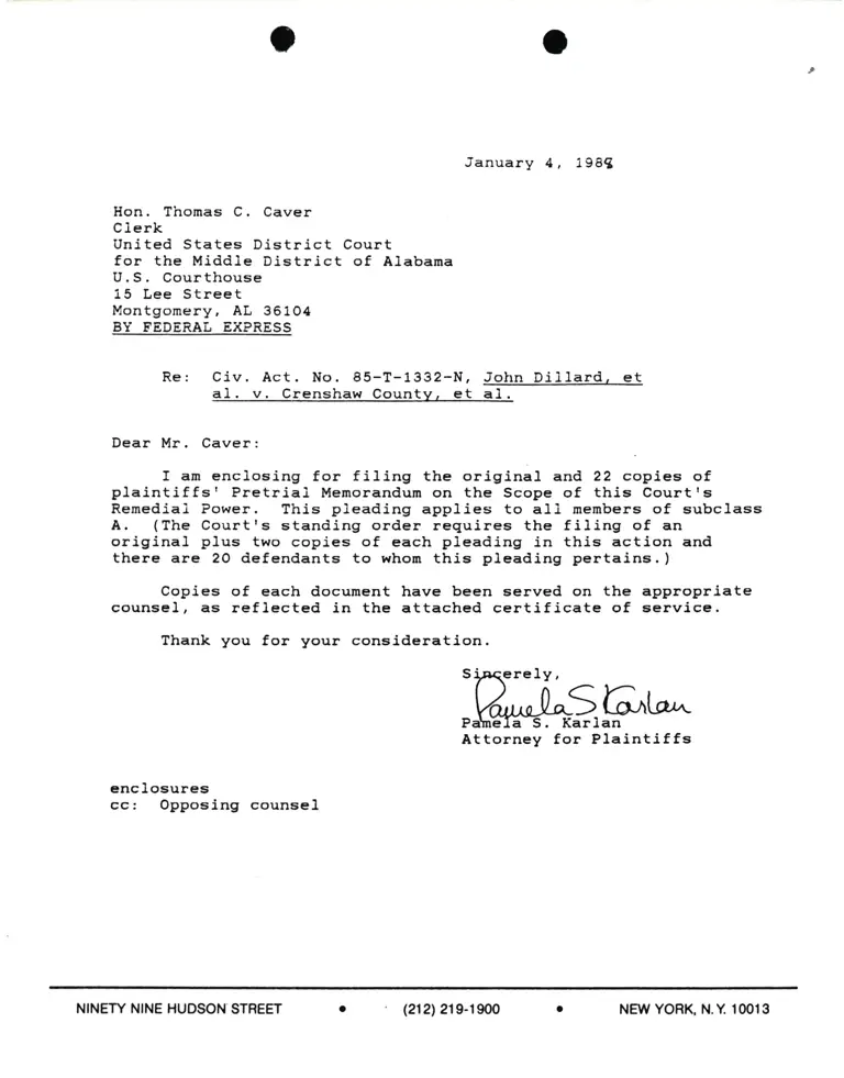 Correspondence from Pamela Karlan to Thomas C. Caver (Clerk) Re: Dillard v. Crenshaw County preview