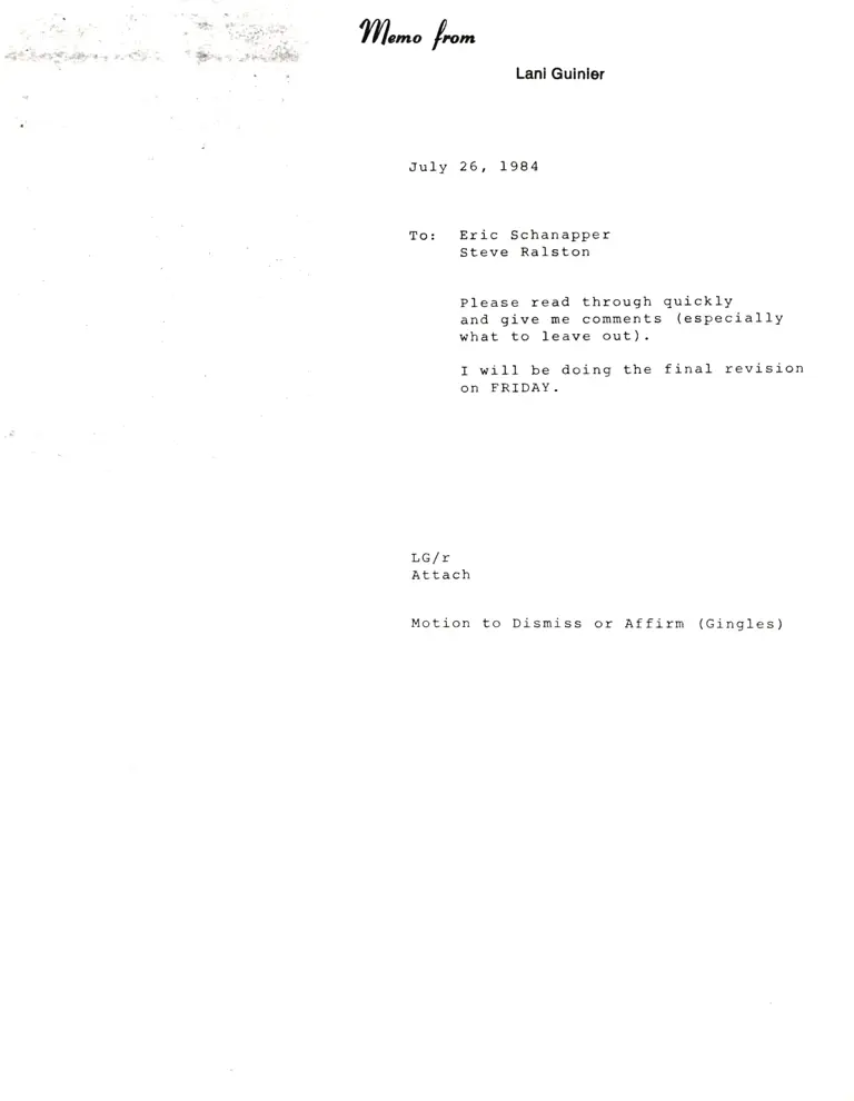 Correspondence from Guinier to Schnapper and Ralston; from Guinier and Winner to Chambers, Suitts, and Derfner preview