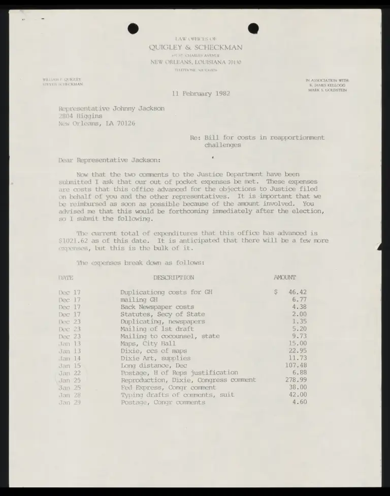 Letter to Rep. Johnny Jackson from Bill Quigley RE bill for costs in reapportionment challenges preview