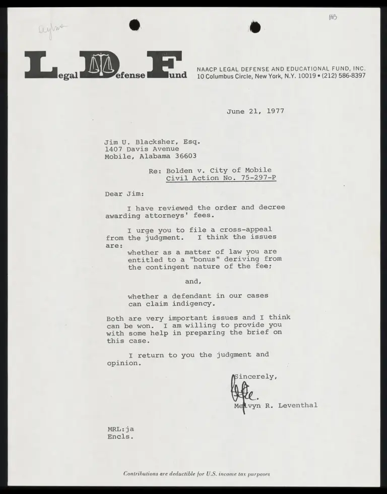 Letter to Blacksher from Mel Leventhal RE: Bonus Deriving from Contingent Nature of Fee and Indigency preview