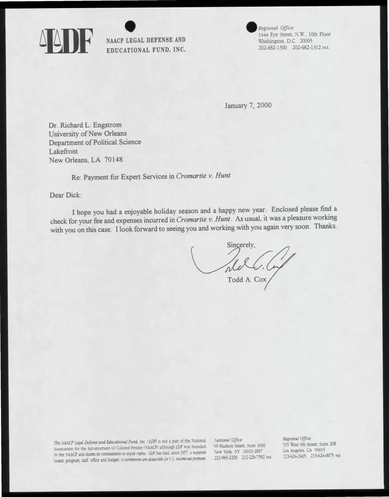 Letter to Engstrom from Cox RE: Payment for Expert Services (Redacted) preview
