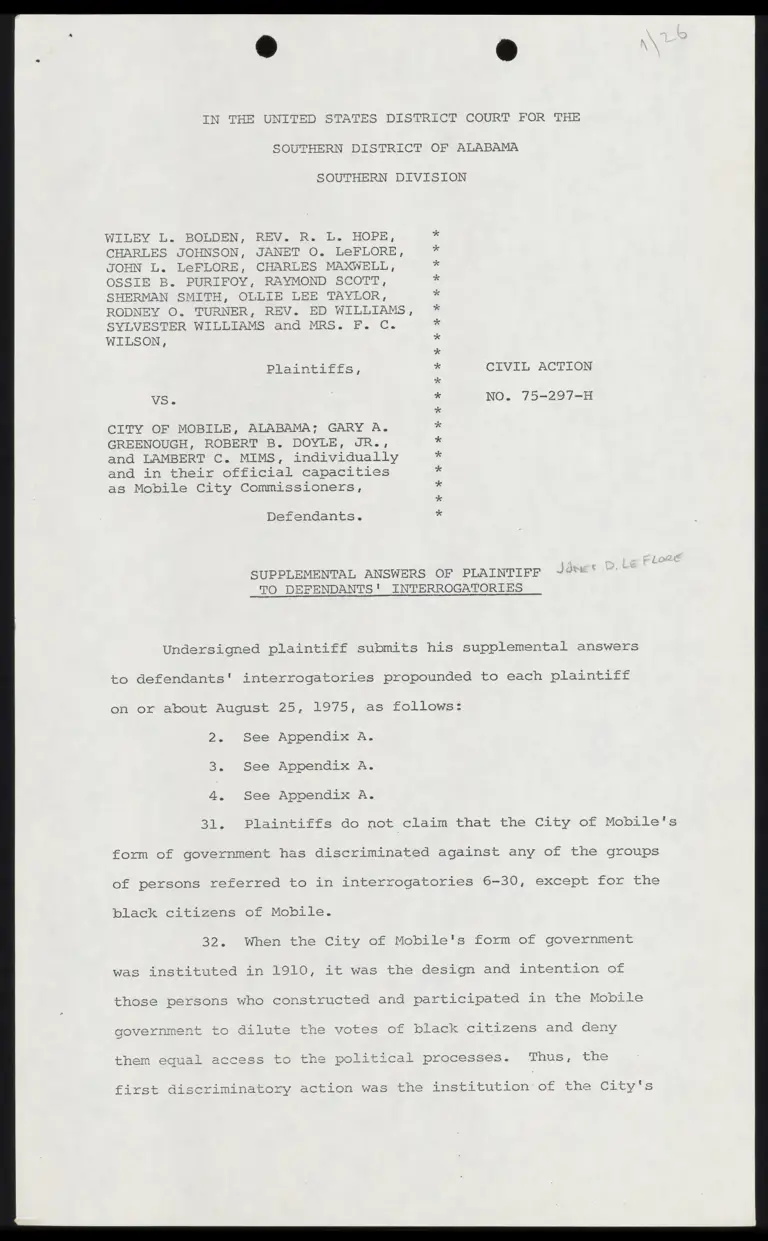 Supplemental Answers of Plaintiff Janet O. LeFlore to Defendants' Interrogatories preview